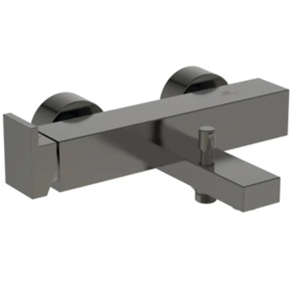 Badearmatur von Ideal Standard in Magnetgrau mit zwei runden Bediengriffen und einer ausgeglichenen, rechteckigen Form.